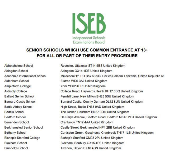 将13+普通入学考试作为全部或者部分录取过程的学校名单 将13+普通入学考试作为全部或者部分录取过程的学校名单